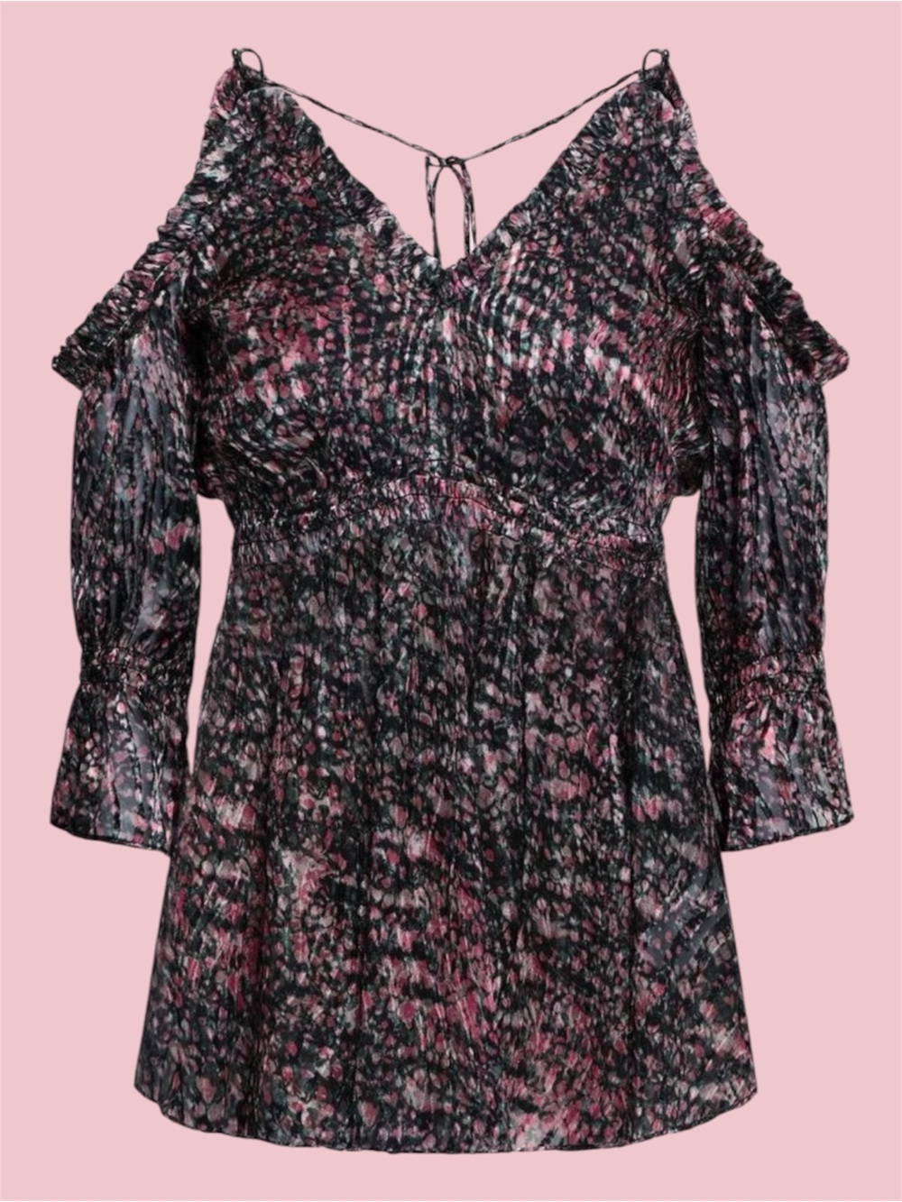 IRO Eldan Black and Pink Patterned Cold-Shoulder V-Neck Sheer Tunic